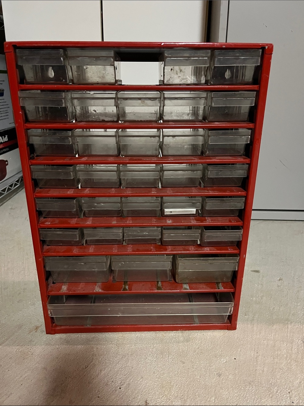 Red Small Parts Storage Cabinet Metal with Clear Drawers for Crafts, Office